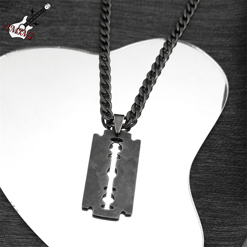 Punk Rock Blade Razor Shape Pendant for Women Men Stainless Steel Black Color Cool Boy Male Chain Necklace Jewelry N913S06