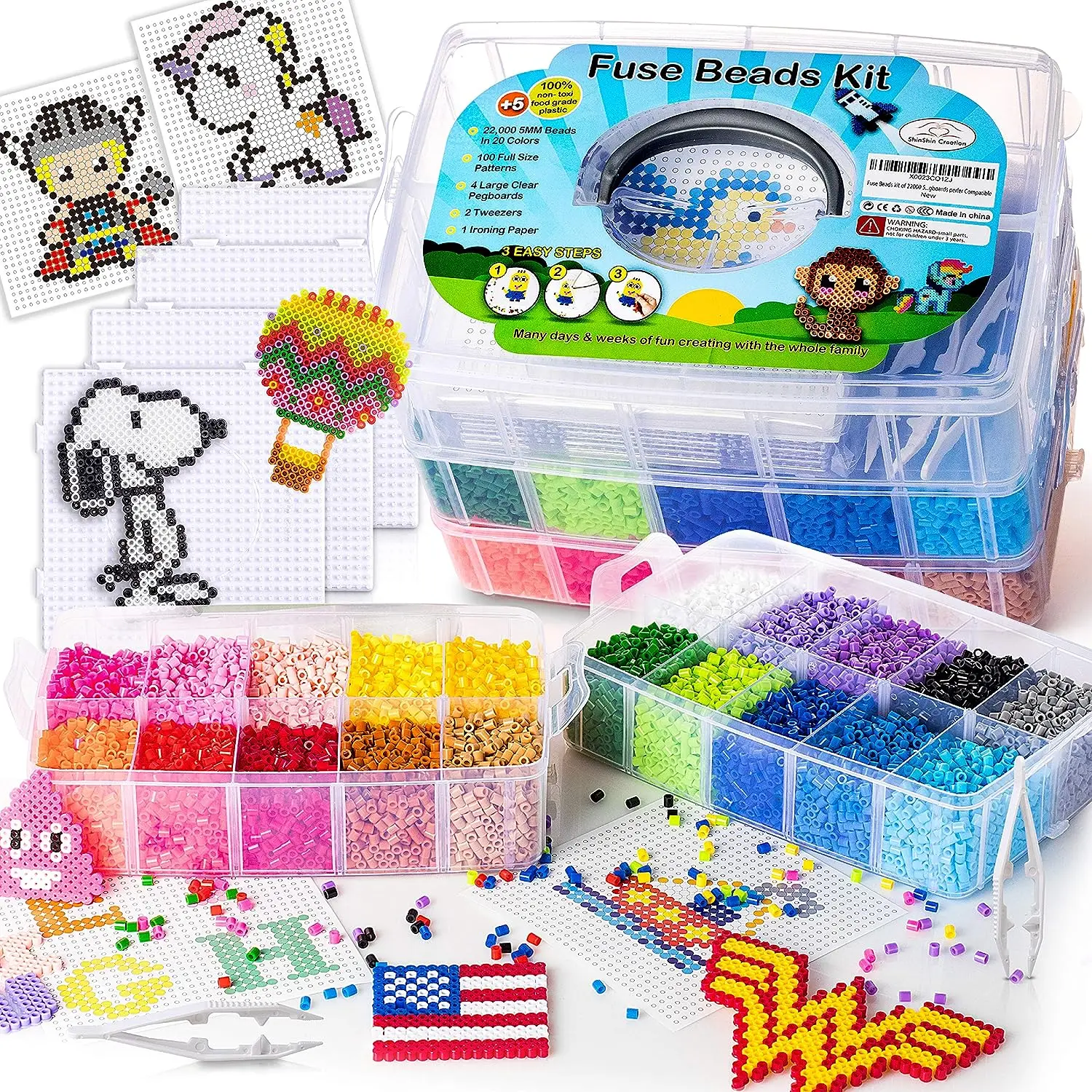 2000pcs 5mm Fused Beads Kit Hama Bead Box Iron-on Paper Beads, Peg Board, Rich Accessories, Fusion Beads for Girls