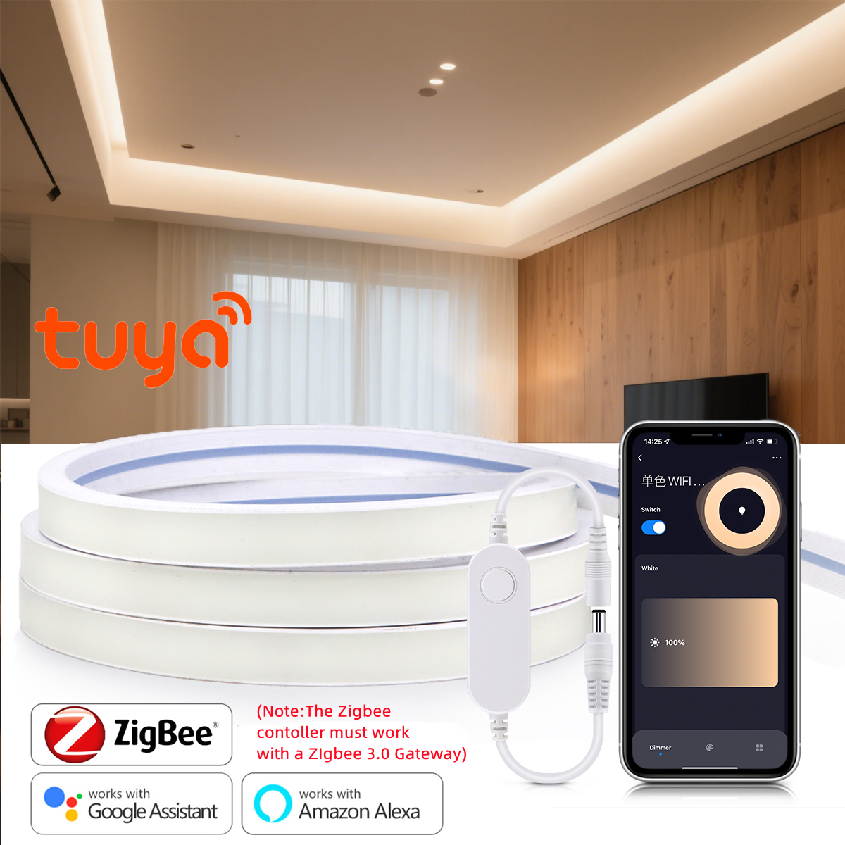 12V Tuya Zigbee 3.0 Neon LED Strip 1M-5M Super Bright Flexible Tape Dimmable APP Voice Control for Alexa SmartThing