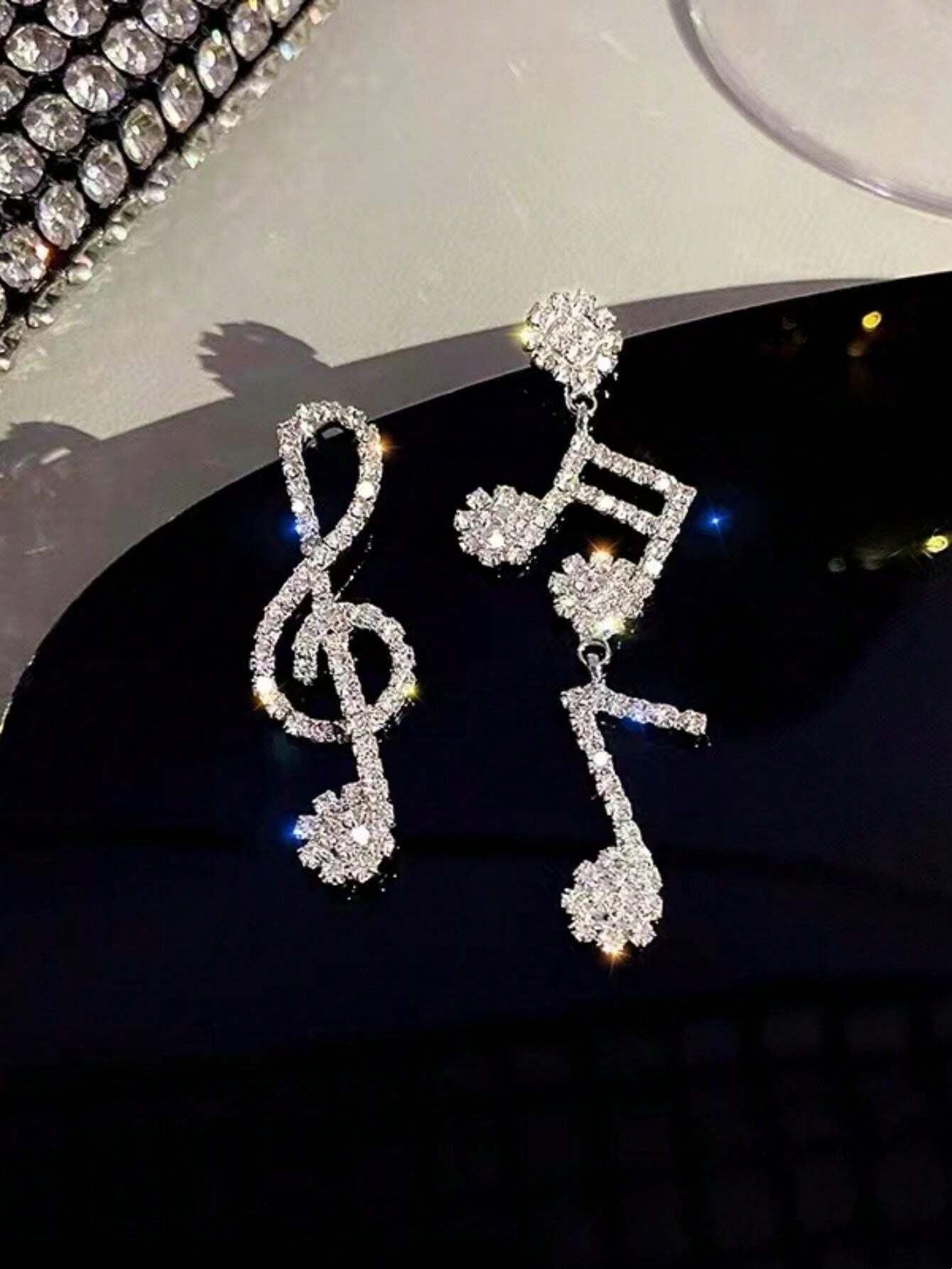 1 Pair Creative Musical Note Drop Earrings With Unique Design And Sparkling Rhinestones, Fashion Luxury Earrings