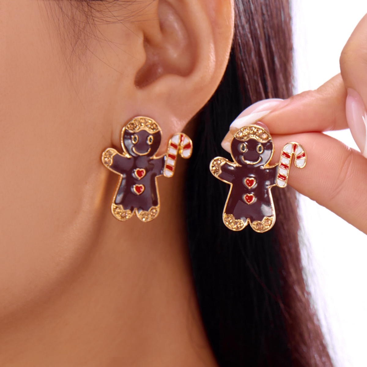 Lovely Full Rhinestone Imitation Pearl Gingerbread Crutch Stud Earrings New Year Holiday Jewelry For Women Men