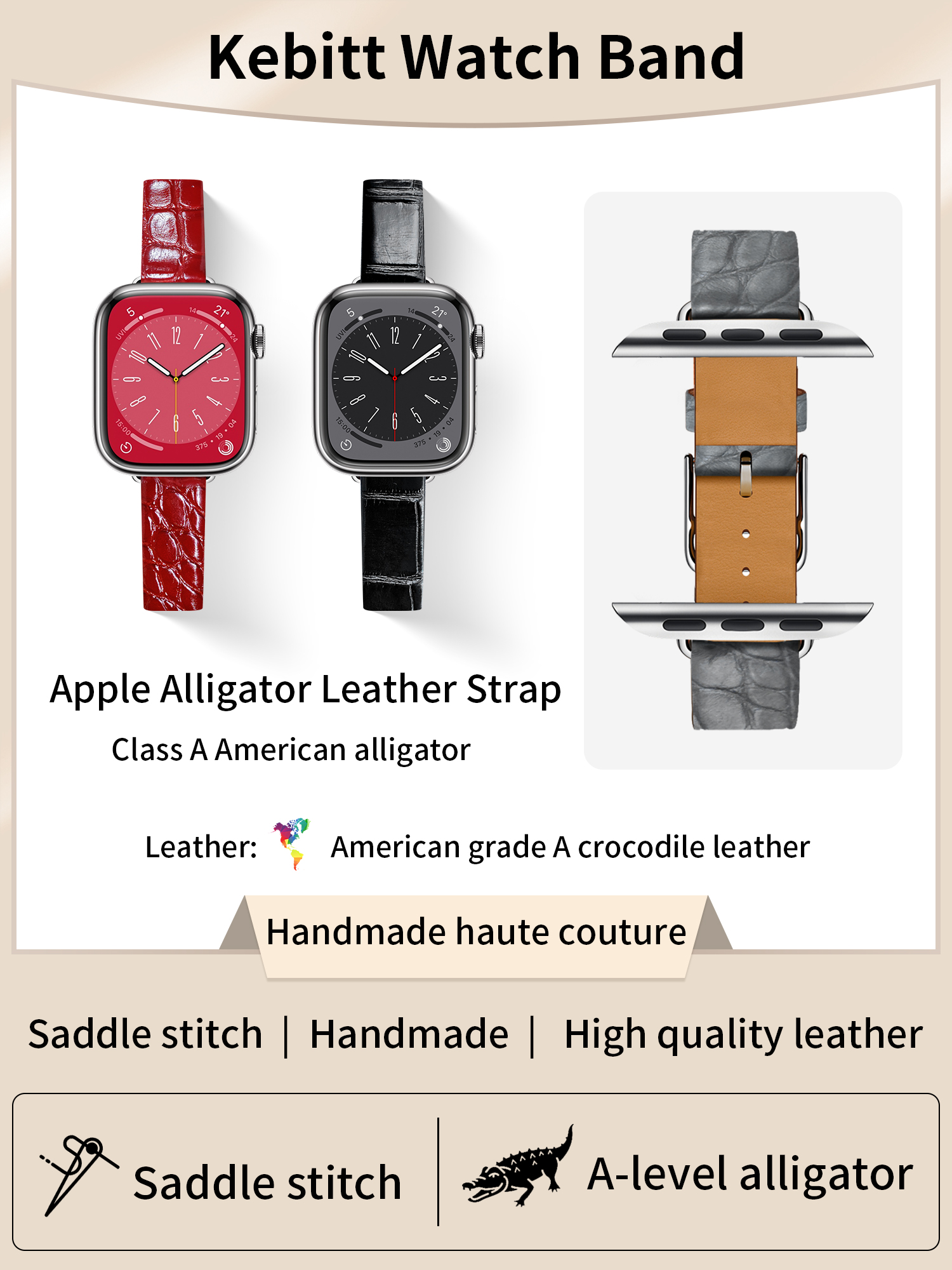 Kebitt High Quality Alligator Women Band For Apple Watch Ultra 3 2 Series 11 10 9 8 7 6 5 4 SE 3 iWatch Crocodile Ckin Strap