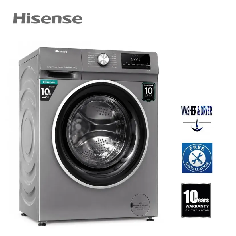Hisens 10 Kg Washer 6 Kg Dryer Steam Wash Inverter 1400 RPM Pause WDQY 1014EVJMT& Add