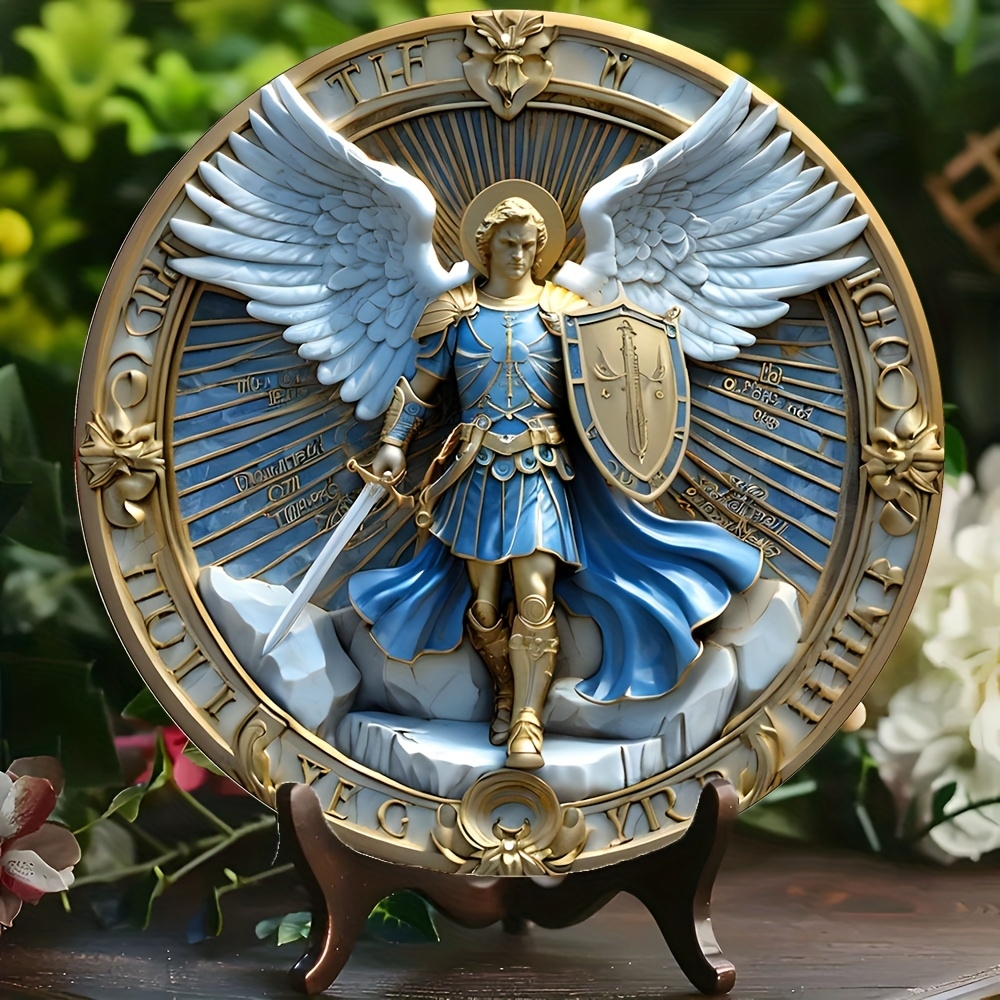 2D Flat Printing, 1pc Archangel Michael Protect Us Round Wooden Sign for Kitchen, Cafe, Home, Living Room, Office and Wall Decor