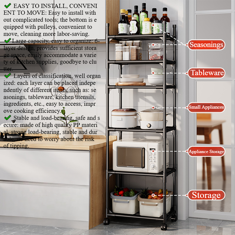 6 Tier Kitchen Shelf,floor Standing Multi-tier Household Microwave Storage Rack,multifunctional Oven Pots and Pans Storage Shelf