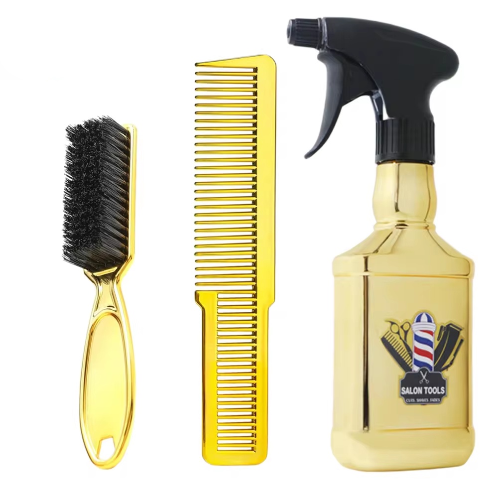 3PCS Set Professional Hairdressing Supplies Barber Spray Bottle Refillable Electroplating Water Can Hairbrush Haircut Comb Tool