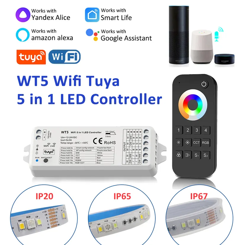 Tuya Wifi LED Controller 12V Smart Life 5in1 RGBCCT Strip Light Work with Alexa Home WT5 RT5 RT10 90LEDs/M 2535 5050 IP67 lightify