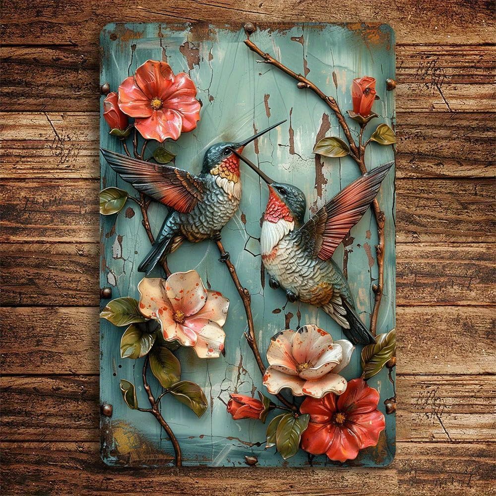 1pc Vintage Tin Signs Inch, Vintage Hummingbird Flower Wall Decor, Home Bedroom Bar Cafe Office Farm Wall Art Decor, Metal Tin
