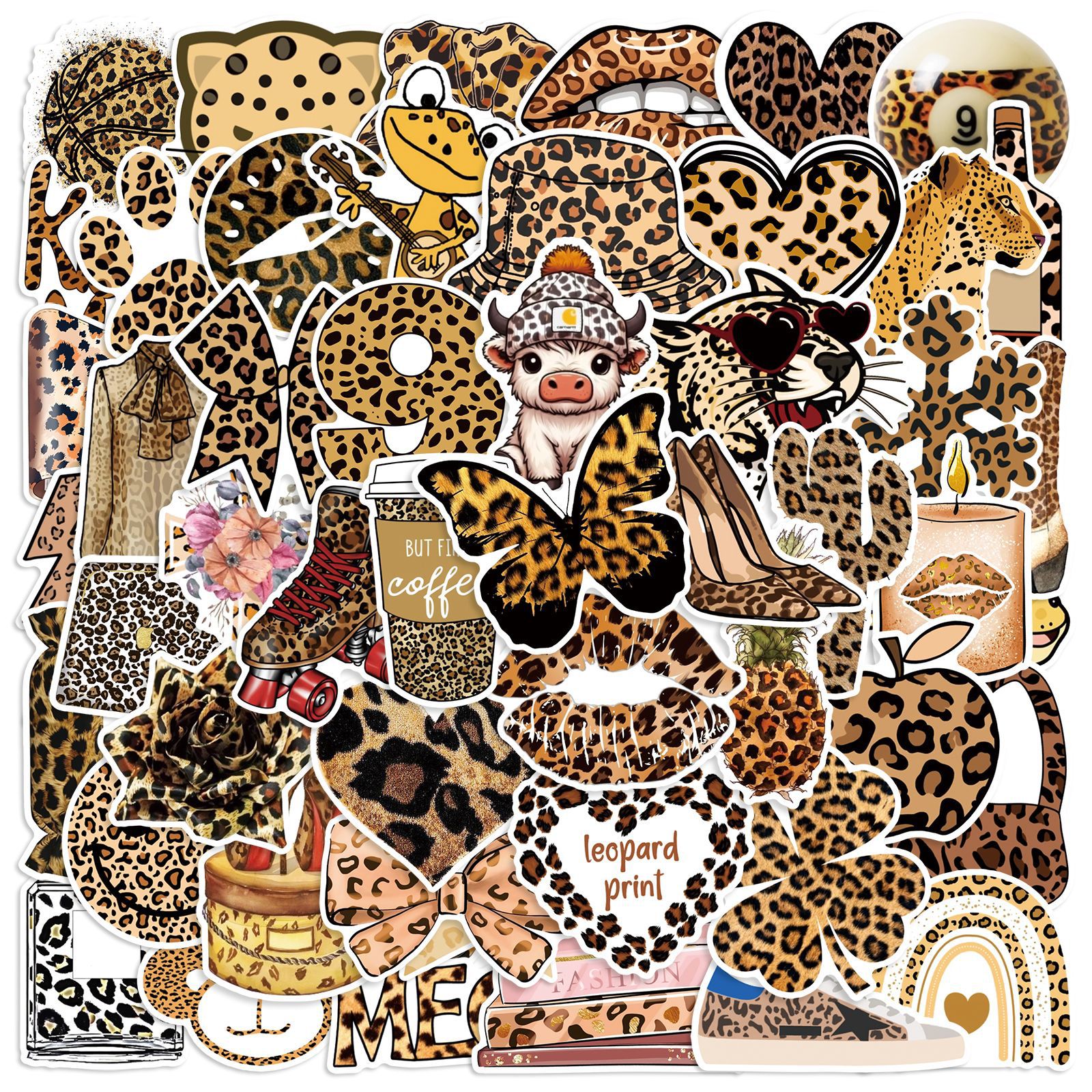 50Pcs Cute Leopard Love Letters Stickers Leopard Print Decals For Phone Laptop Suitcase Notebook Skateboard Waterproof Sticker