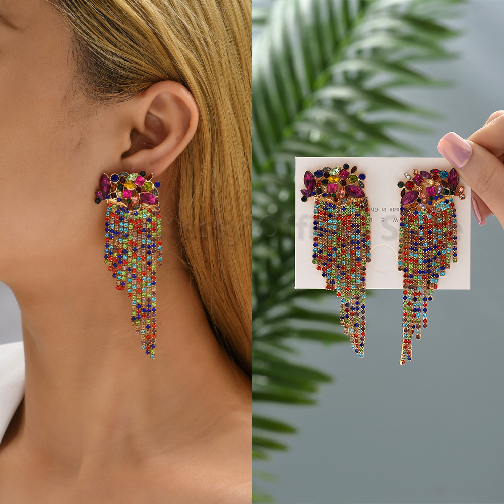 Vintage Long Drop Dangle Earrings For Woman Inlaid Colorful Rhinestone Geometric Chain Pendant Luxury Elegant Jewelry Ornaments pen gpt
