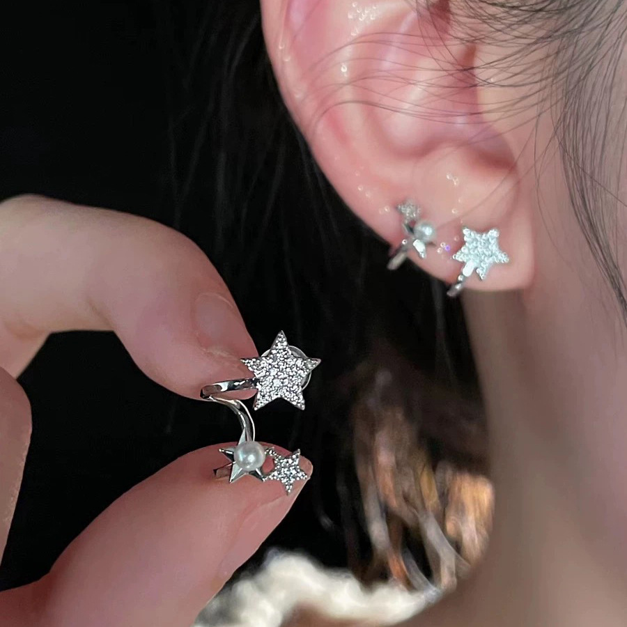 New Fashion Cute Star Pearl Stud Earrings For Women Sweet Girls Silver Color Crystal Earrings Wedding Jewelry Accessories