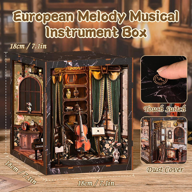 European Melody Musical Instrument Box DIY Miniature House, 3D Puzzle Bookend Model, Wooden Bookend. Creative