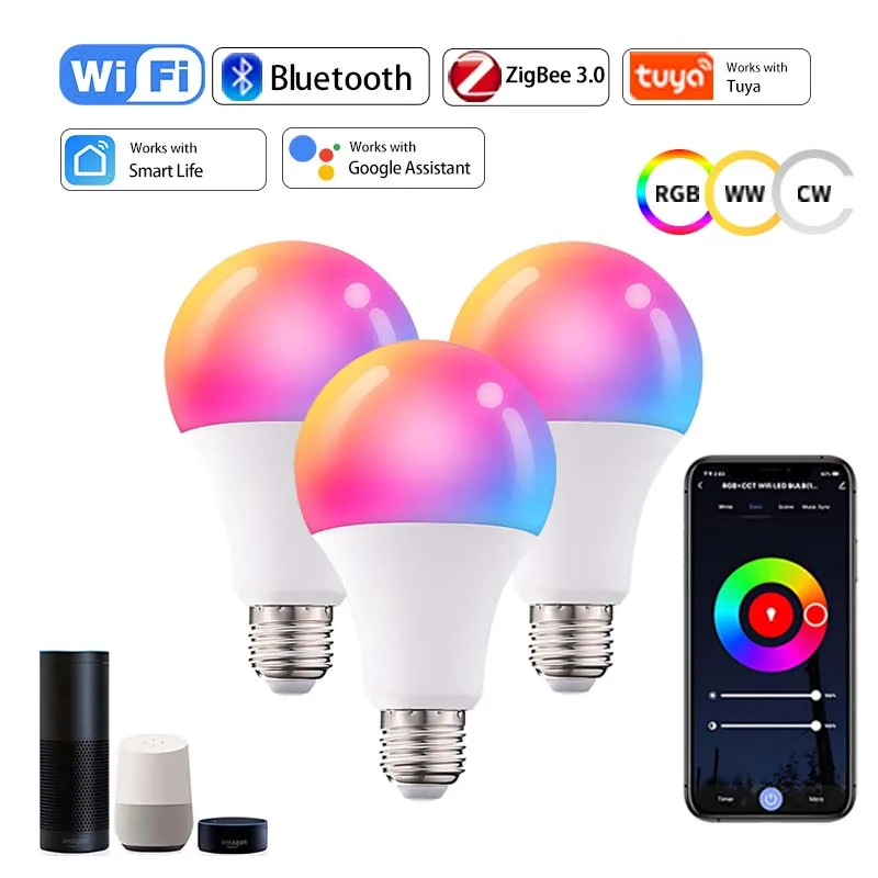 Tuya Wifi Smart Light Bulb RGB+WW+CW E27 Zigbee Led Bulb Smart Home Tuya Zigbee Lamp Works with Alexa Assistant lightify