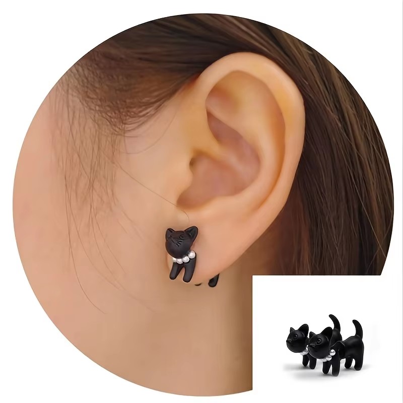 1 pair of Korean retro black perforated three-dimensional double-sided rear hanging pearl cute kitten earrings female