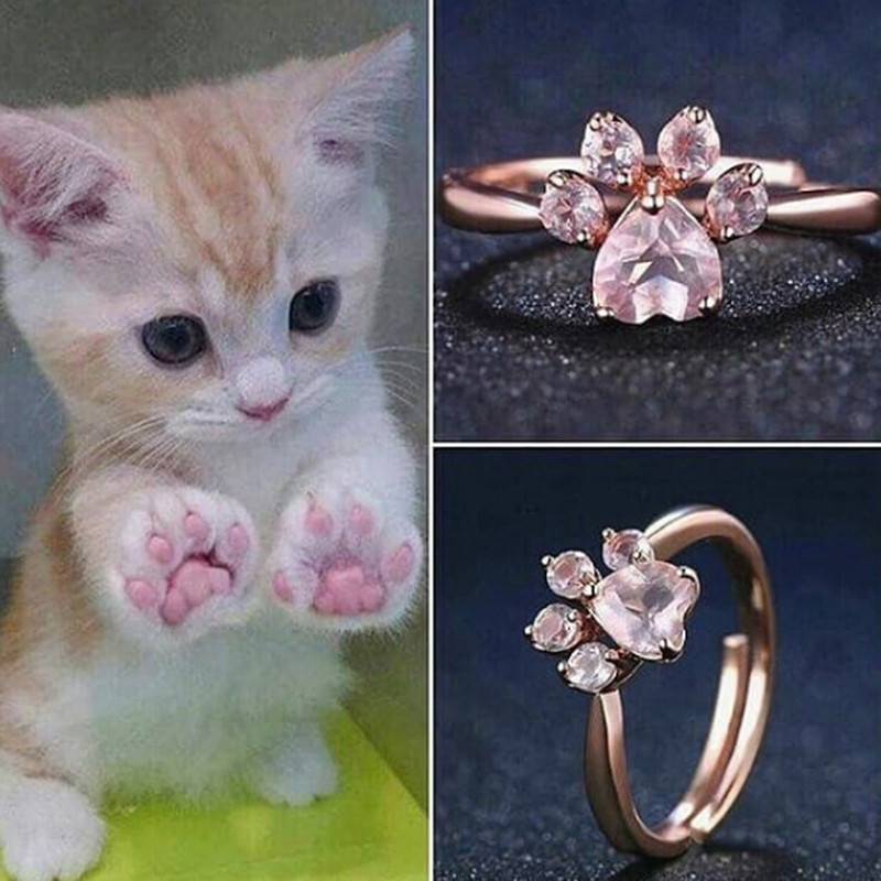 Cute Cat Claw Ring Women Rose Gold Crystal Footprint Plated Adjustable Ring Romantic Wedding Love Jewelry for Women