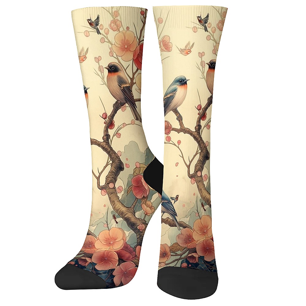 Classical Bird Flower Art Retro Men's Socks Happy Funny Crew Socks Soft Breathable Compression Socks Leisure Sports Fitness