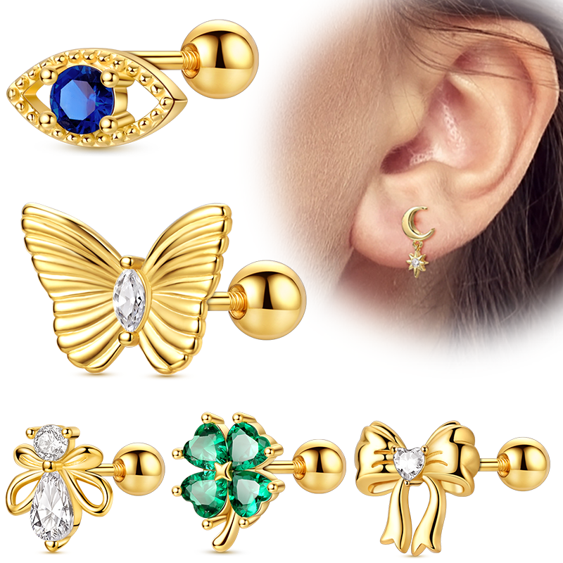 1PCS Screw Ball Earrings 925 Silver Gold Butterfly Bow Moon and Star Stud Earrings For Women Party Anniversary