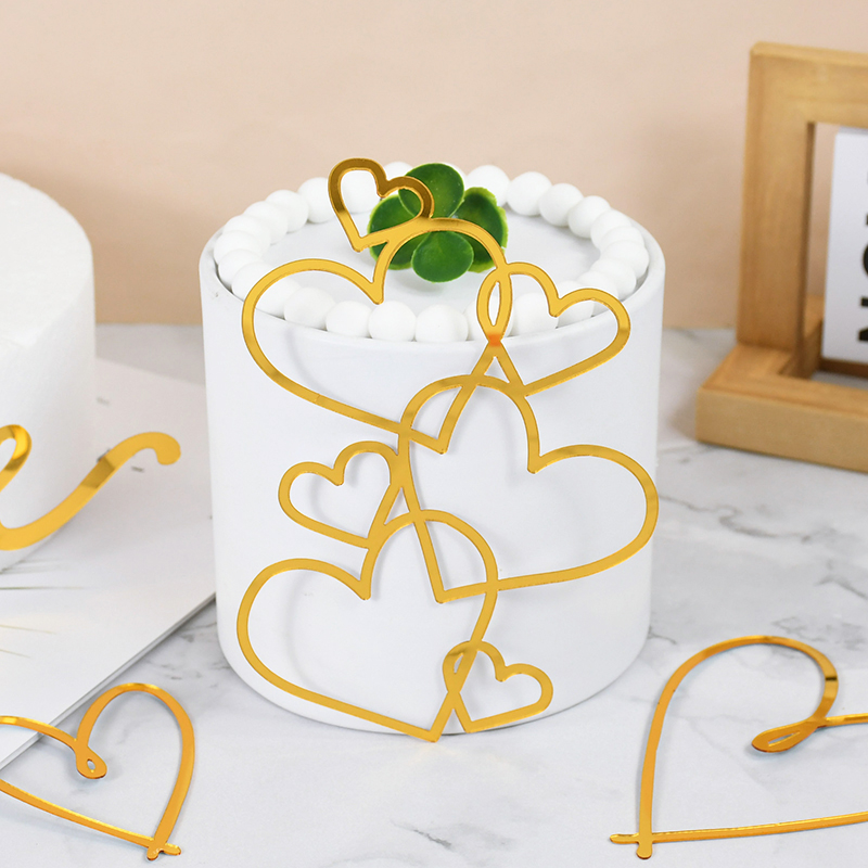 1pc Golden Acrylic Love Heart Cake Insert Topper Decoration Birthday Wedding Valentine Day Anniversary Party Supplies