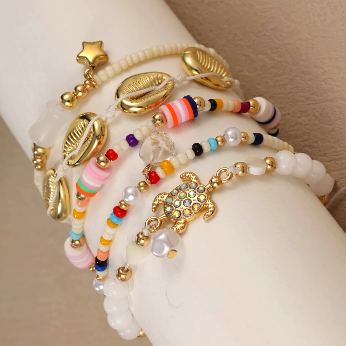 1 set of new creative, fashionable, simple shell, conch, turtle with colorful beads bracelet, beach vacation decoration