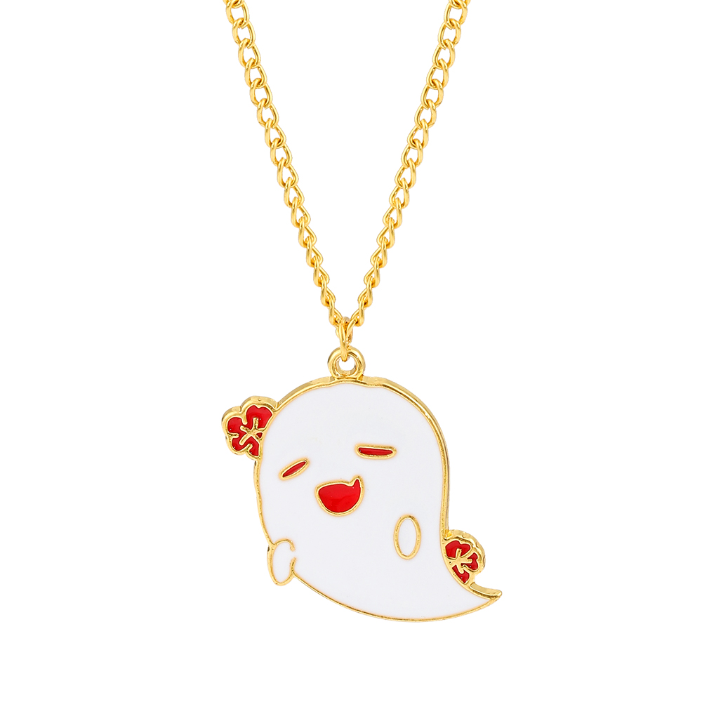Cute Little Ghost Hu Tao Pendant Necklace Gold Enamel Kawaii Choker Sweet Jewelry for Girls Fashion Accessory