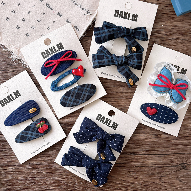 High Quality Korean Sweet Academic Hair Clip Navy Plaid Bow BB Clip for Girls Versatile Side Clamp with Polka Dots