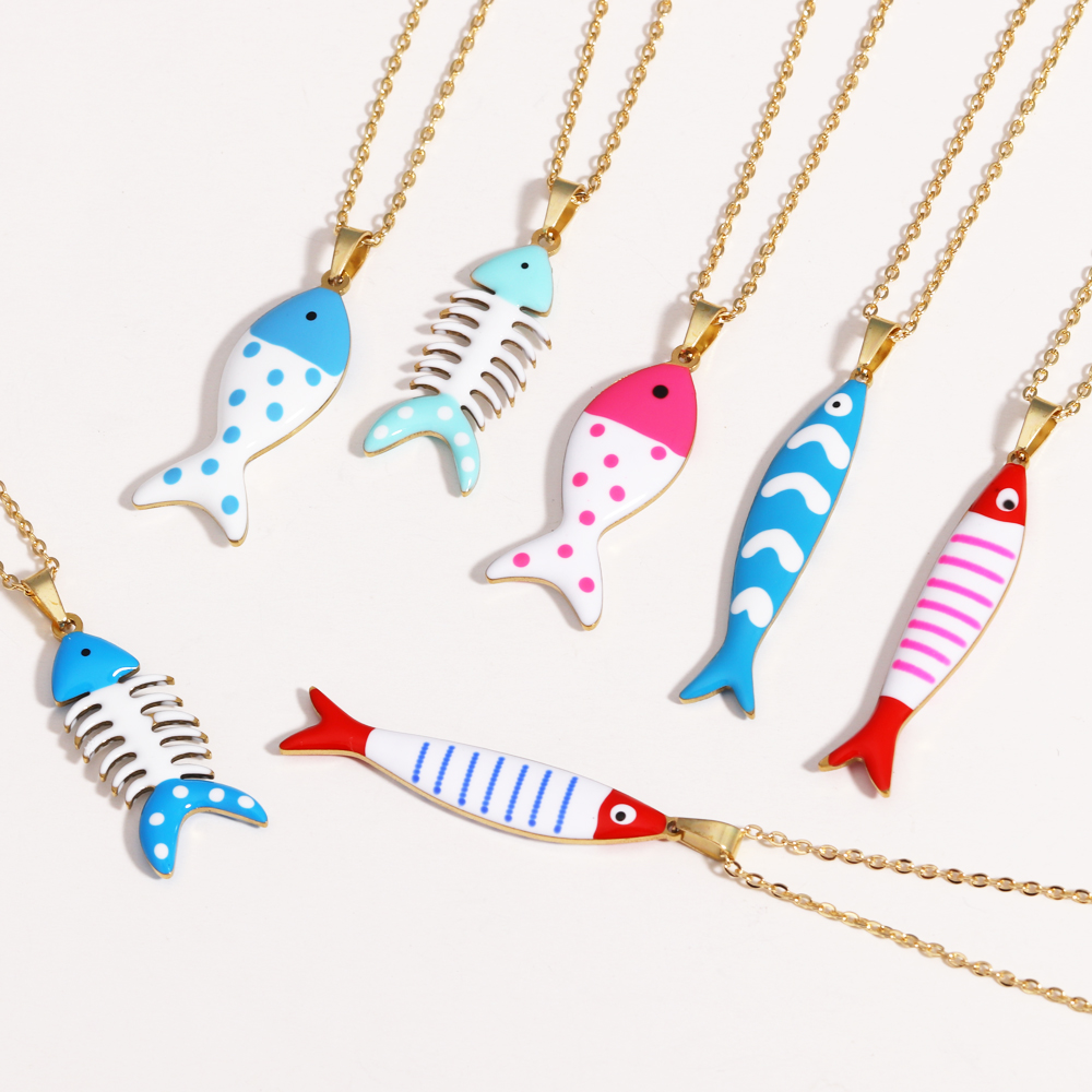 Waterproof Cute Colorful Enamel Fish Pendant Necklaces For Women Girls Lovely Stainless Steel Gold Color Summer Beach Jewelry
