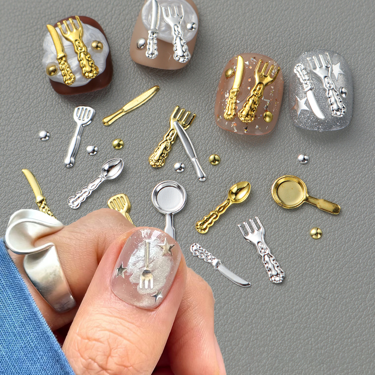 1 Bag Cute Mini Chic Miniature Tableware Nail Art Charms Golden Silvery 3D Metal Spoons And Forks Designs for DIY Manicure