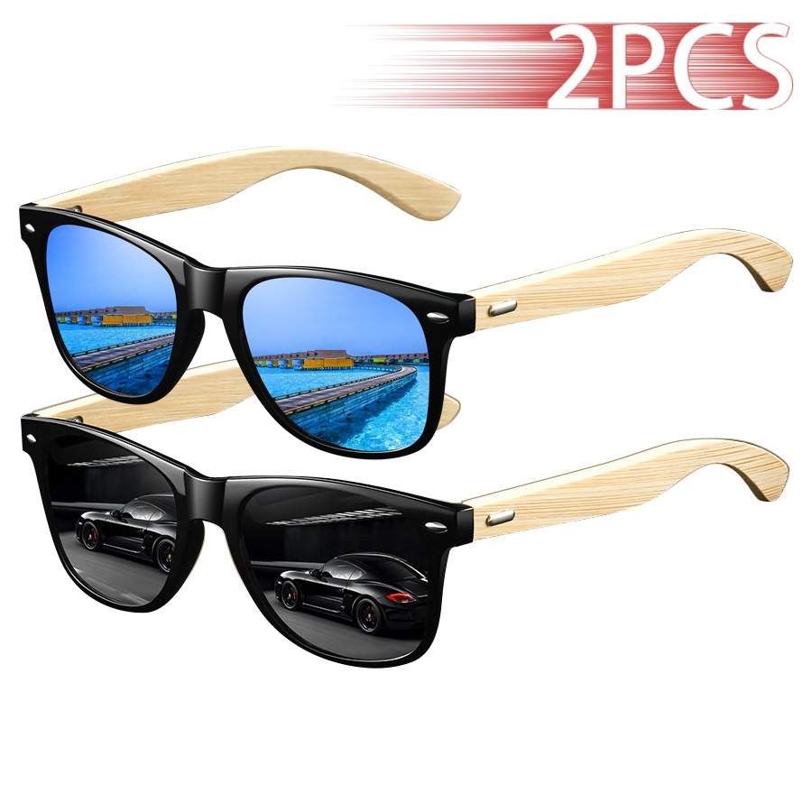 2PCS Fashion Bamboo Wood Vintage Square Sunglasses Men Women Luxury Brand Designer Sun Glasses Driving Fishing Eyewear