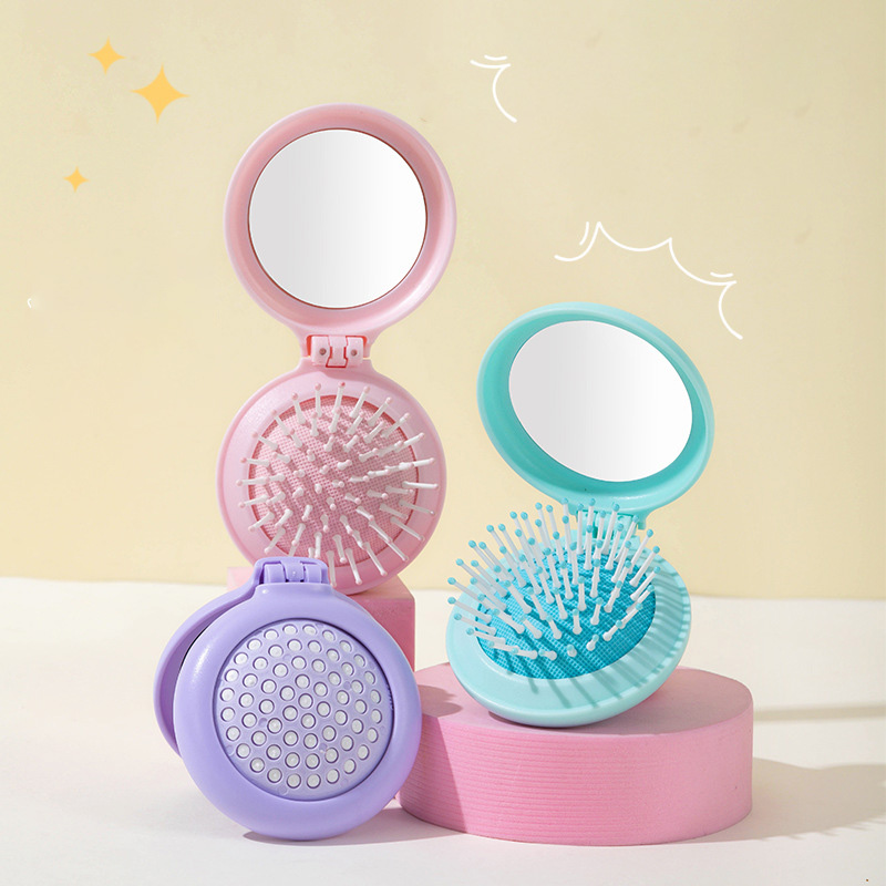 1pc Mini Folding Anti static Portable Round Pocket Airbag Massage with Mirror Styling Comb