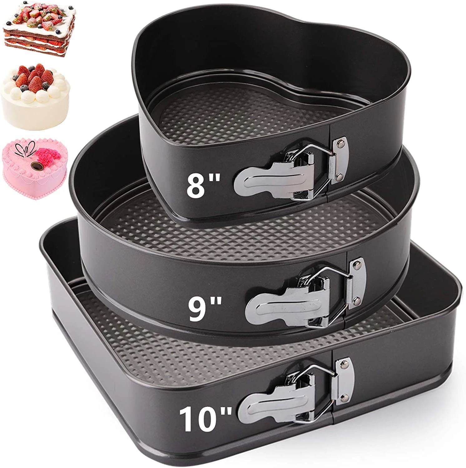 3Pcs Cake Mould Carbon Steel Non-Stick Coating with Buckle Lock Heart 20cm/24cm Round 22cm/26cm Square 24cm/28cm
