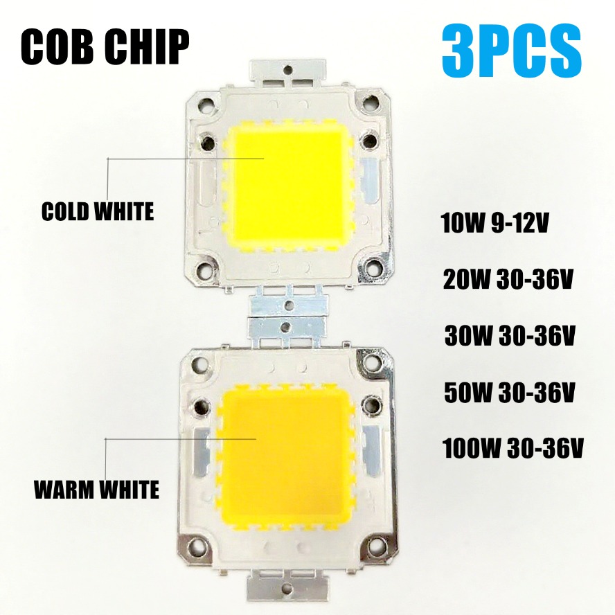3PCS/PACK 100~10W LED COB Beads Chip Ultra-bright 9V~12V 30V~36V White Warm DIY Floodlight Spotlight Accessories with Driver