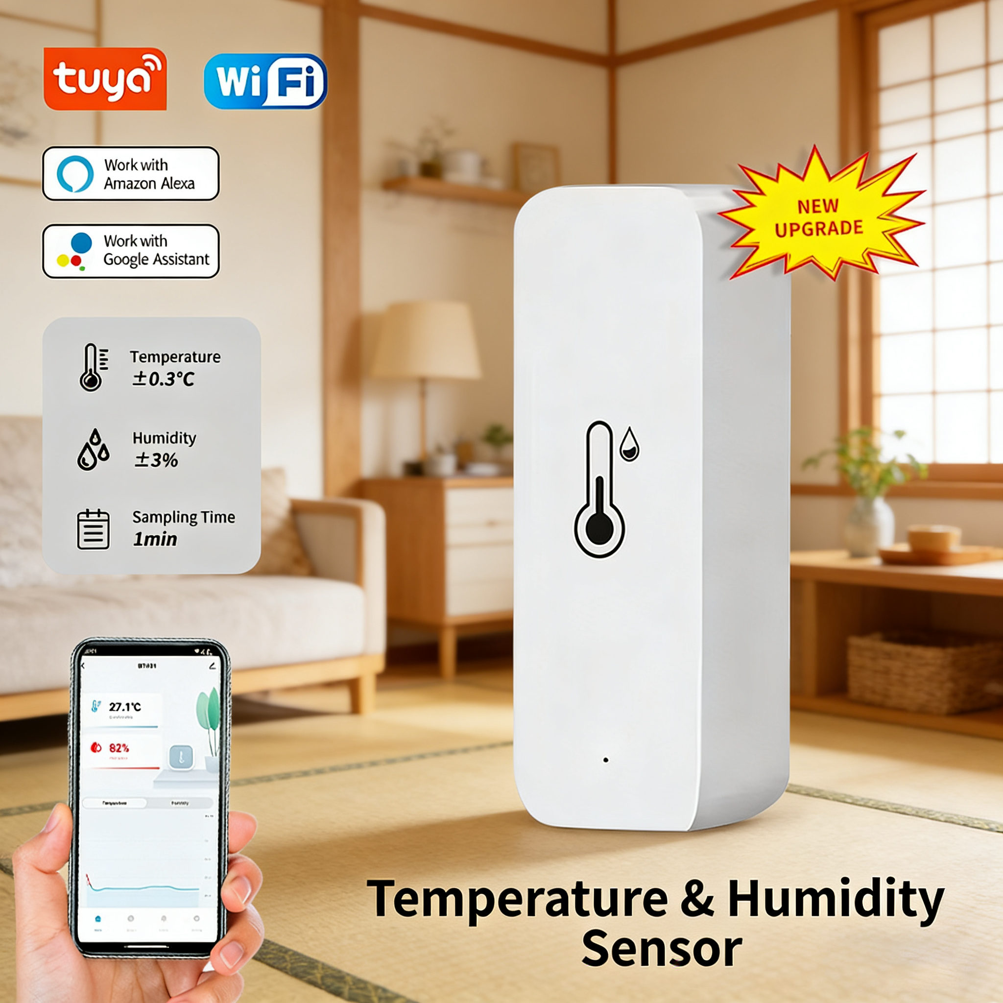 Tuya Smart WiFi Temperature Humidity Sensor Indoor Hygrometer Thermometer APP Remote Monitor Compatible with Alexa
