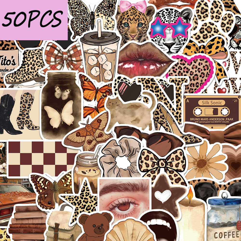 50pcs Y2K style leopard print series stickers, decorate mobile phones, helmets, travel suitcases,waterproof stickers