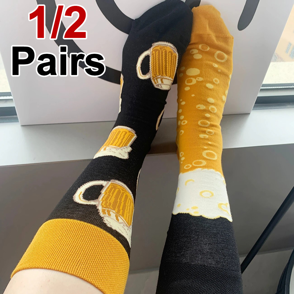 1/2 Pairs Cartoon Jacquard Neutral Round Neck Cotton Socks Sweat Absorbing Breathable Soft Comfortable Couple Casual Socks