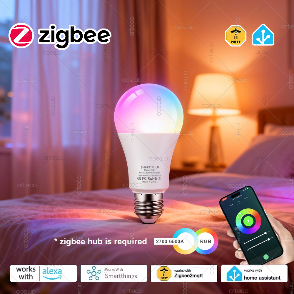 Zigbee 3.0 Led Light Bulb E27 RGBCW 15W 18W Smart LED Lamp Work With Zigbee Bridge Zigbee2MQTT,Voice Control Via Alexa Echo Plus