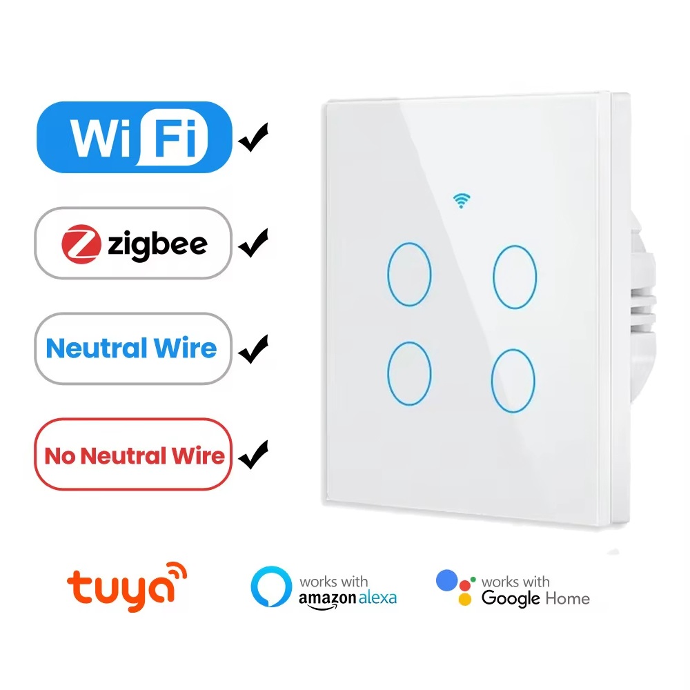 Tuya Wifi/Zigbee RF433 EU Smart Wall Switch 1/2/3/4 Gang Touch Sensor Button No-Neutral Wire,Voice With Alexa Home
