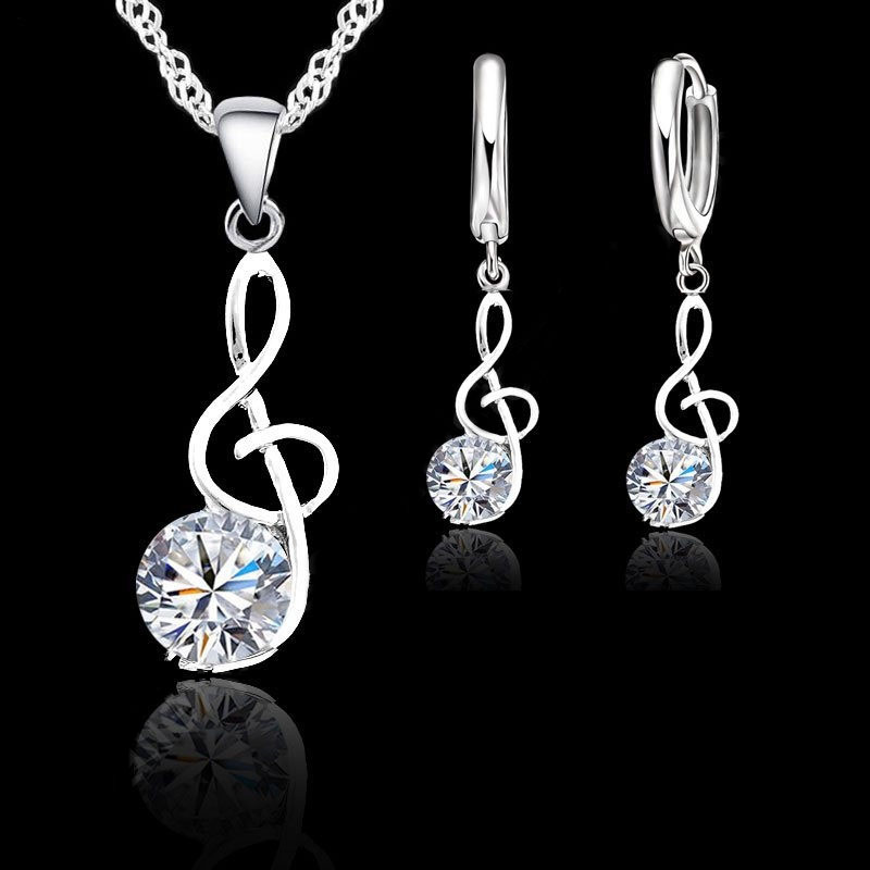 Musical Notes Woman Jewelry Sets 925 Sterling Silver Color Cubic Zirconia Symbols Shape Pendant Necklaces Earrings Women Gift