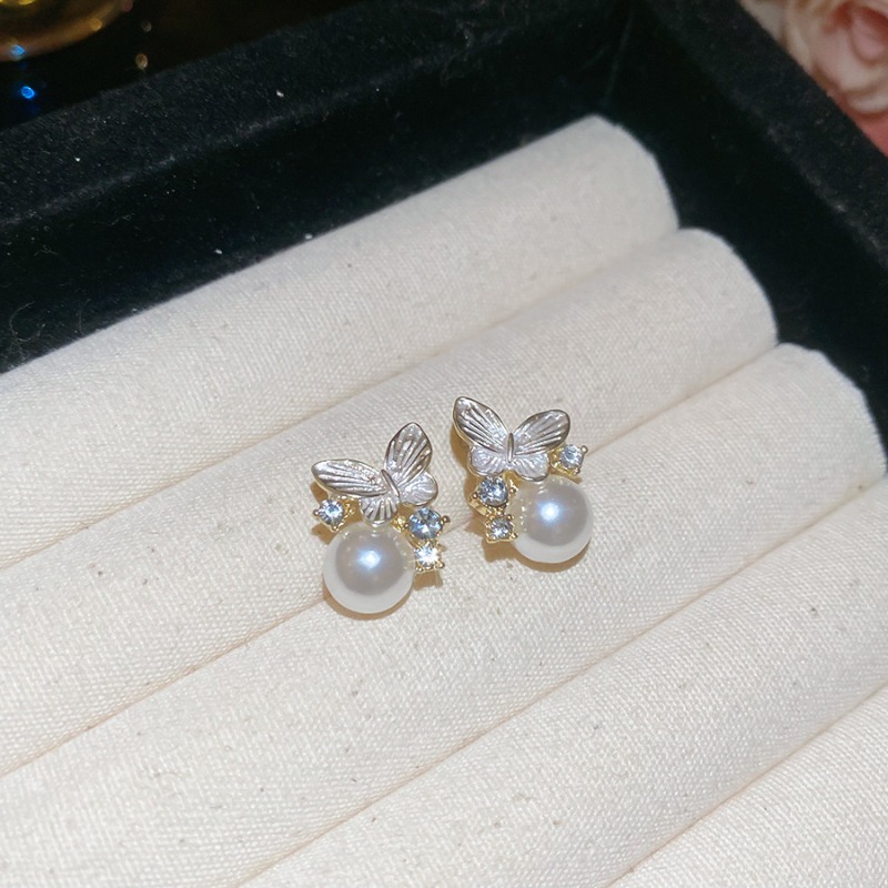 Exquisite Imitation Pearl Butterfly Stud Earrings Women New Versatile Dropping Earring Light Luxury High-end Jewelry Wedding N