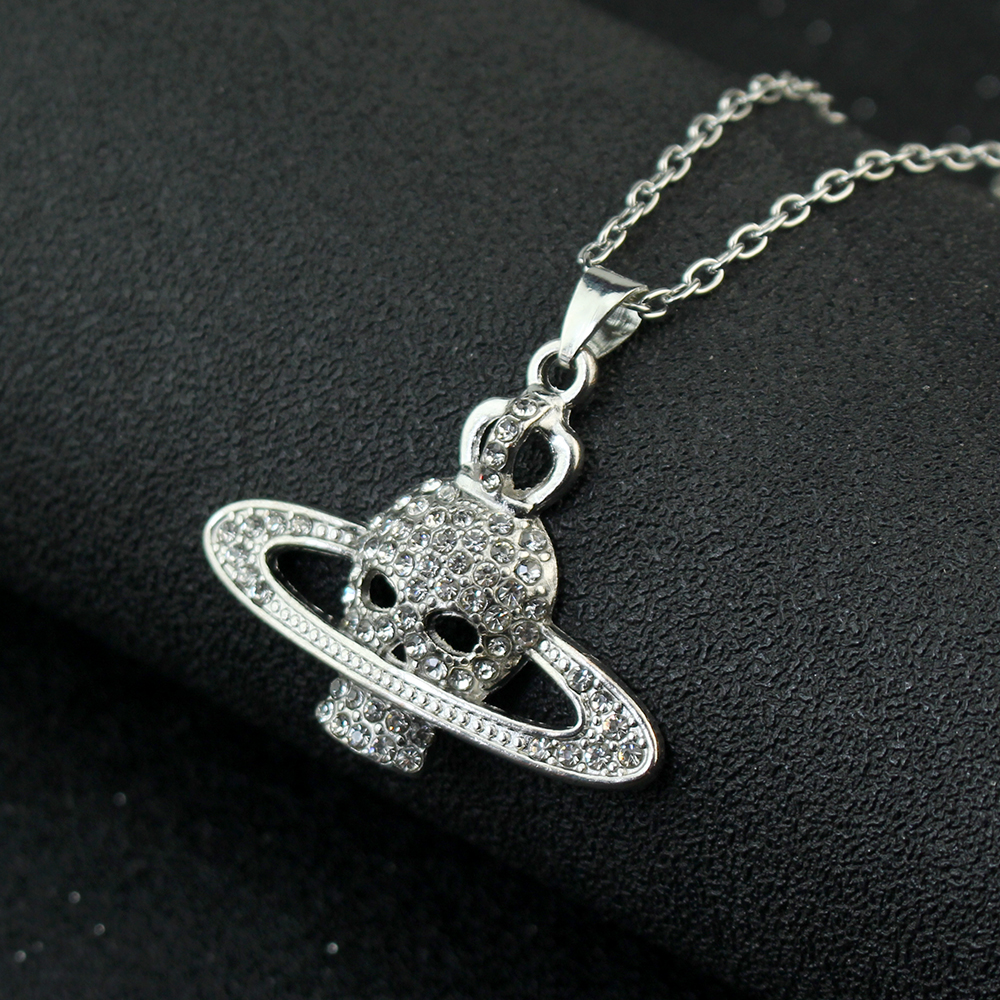 Fashion Rhinestone Skull Cross Saturn Couples Chain Silver Color Metal Necklace Punk Women Men Party Jewelry