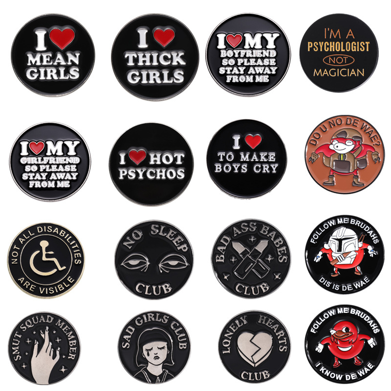 Cartoon Black Series Brooches Geometric Circle Shape Love Heart Patten English Letters Badges Bags Clothes Pins Jewelry