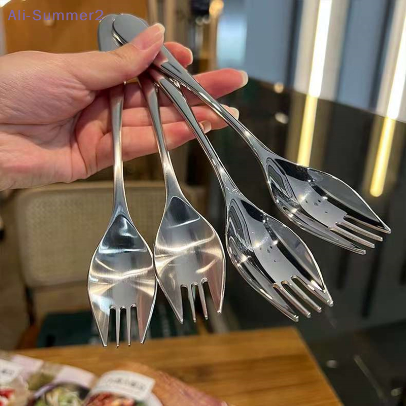 {Summer2} {Summer2} 2 In 1 Stainless Steel Spoon Fork Long Handle Stirring Spoon Fruit Picks Cake Dessert Spoons For Kitchen
