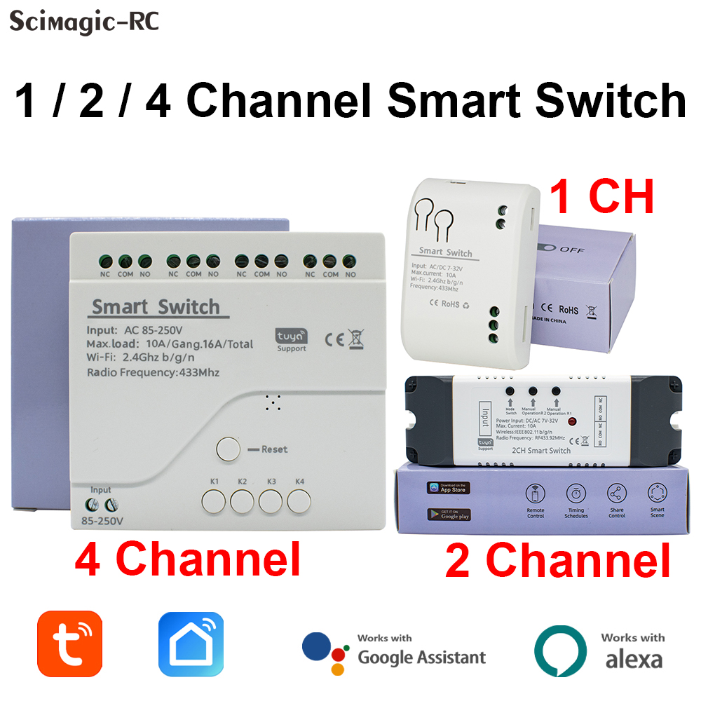 1/2/4 Channel TUYA WiFi Smart Switch Light /Garage Door Controller 12V 24V 110V 220V RF433 Receiver Work with Alexa Home