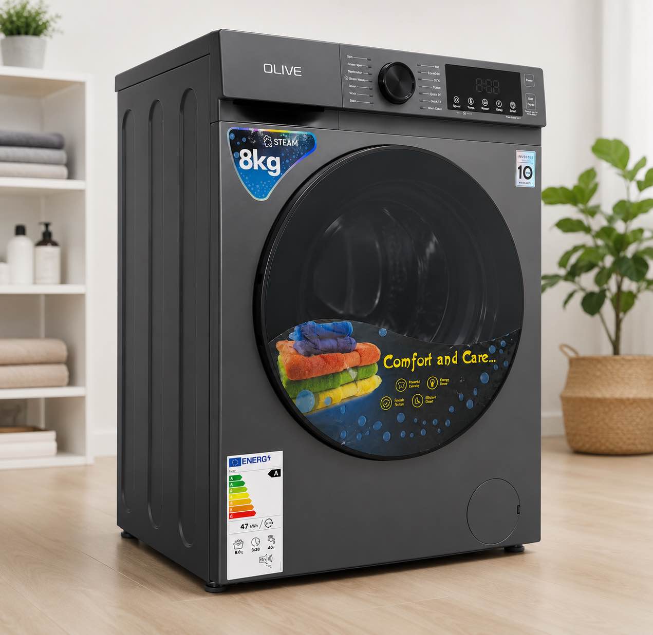 olive washing machine 8kg inverter motor, energy saving, 1400rpm