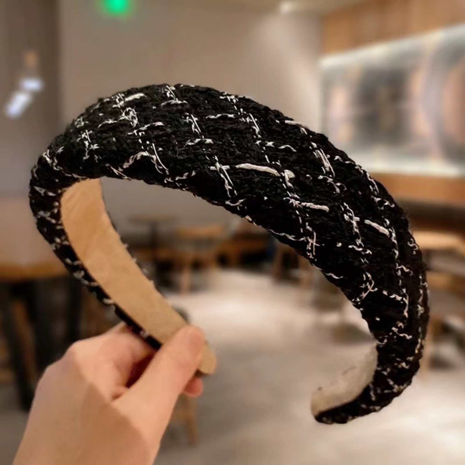 1pc New Autumn & Winter Hair Hoop for Women Diamond Check Tweed Material, Adds Height to Crown, Enhances Elegance, Versatile Spo