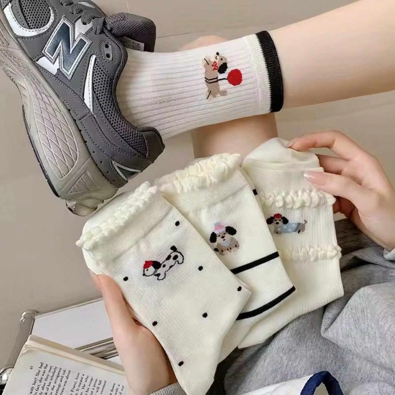 Polka Dot White Socks Women Spring Summer Thin Breathable Striped Mid-Tube Socks Cartoon Dog Japanese Kawaii Cute Women's Socks