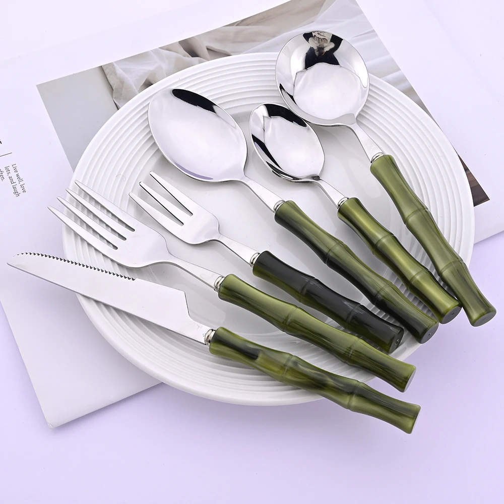 1Pc Green Imitation Bamboo Handle Knife Fork Spoon Dinnerware Cutlery Set Kitchen Flatware 304 Stainless Steel Tableware Set