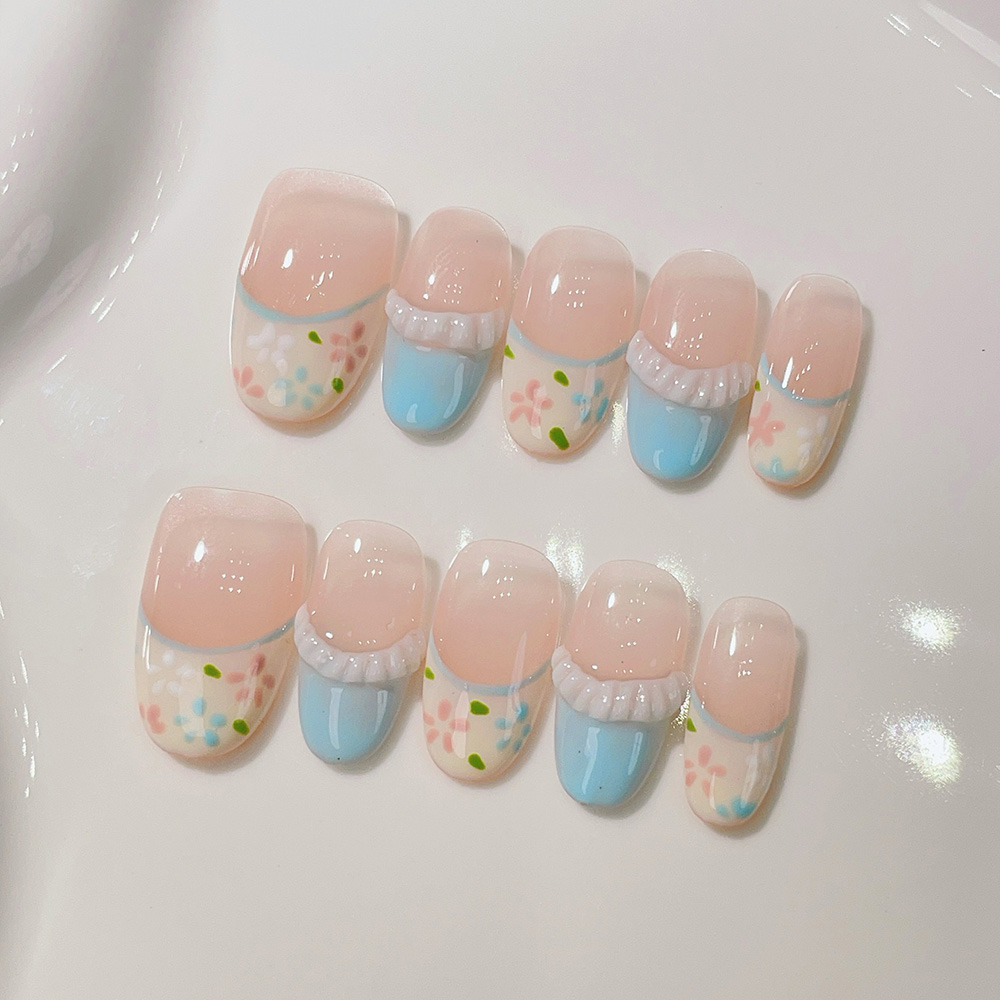 10pcs Medium Trapezoid Handmade Press On Nails Kit, Pink Fake Nails, Gentle Sweet Wearable Nail Art, Silver Butterfly