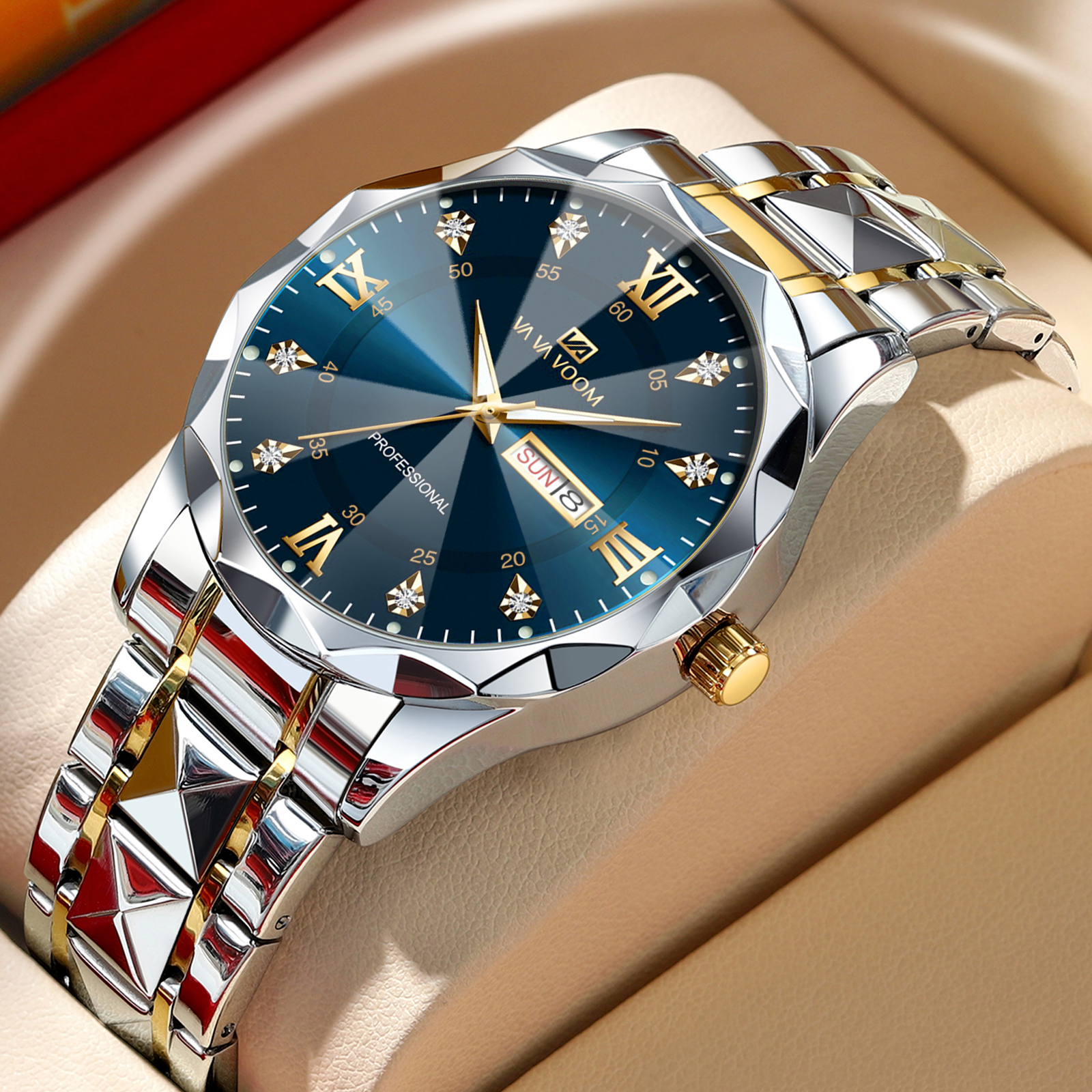 Men Watch Water Diamond Luxury Night Glow Double Calendar Quartz Movement 41mm Blue Gold Stainless Steel Fashion Business Watch Bles Online DZ-2M-01 QC