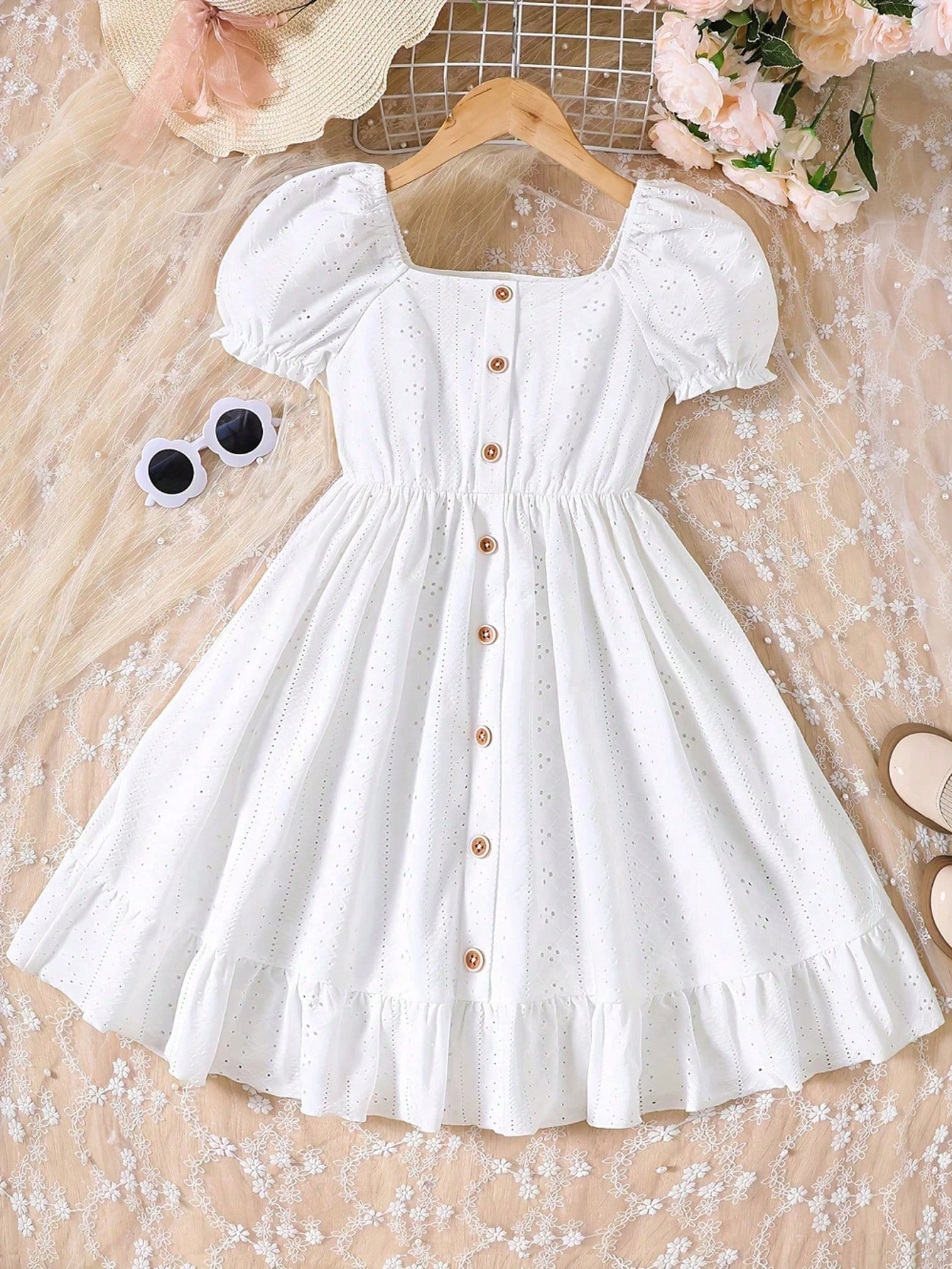 Girls' Summer Dress - Sweet Knitted, Elegant Hollow Jacquard, Bubble Sleeves and ruffle hem, Casual Button Front White Dress