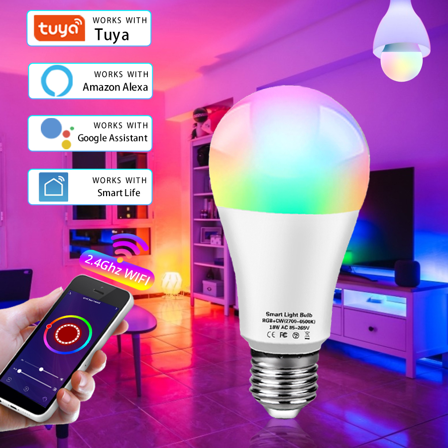 Tuya Smart WiFi Bulb E27 18W 12W 15W Smart Life APP Control Alice Alexa Voice Control Dimmable LED Lamp Works With Home